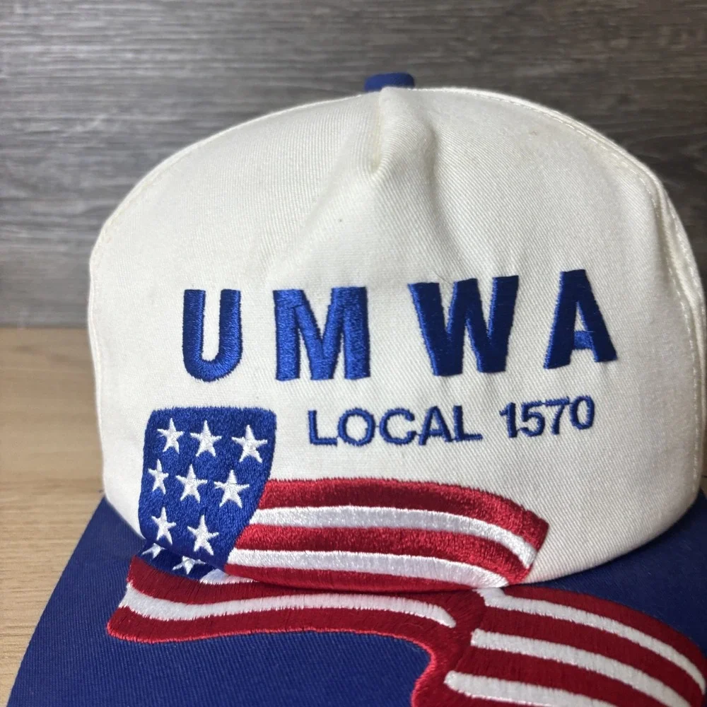 Vintage UMWA Hat Cap Snap Back White Blue Embroidered American Flag Union